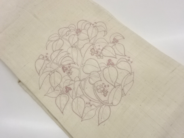 JAPANESE KIMONO / TSUMUGI FLOWER LEAF PATTERN EMBROIDERY NAGOYA OBI